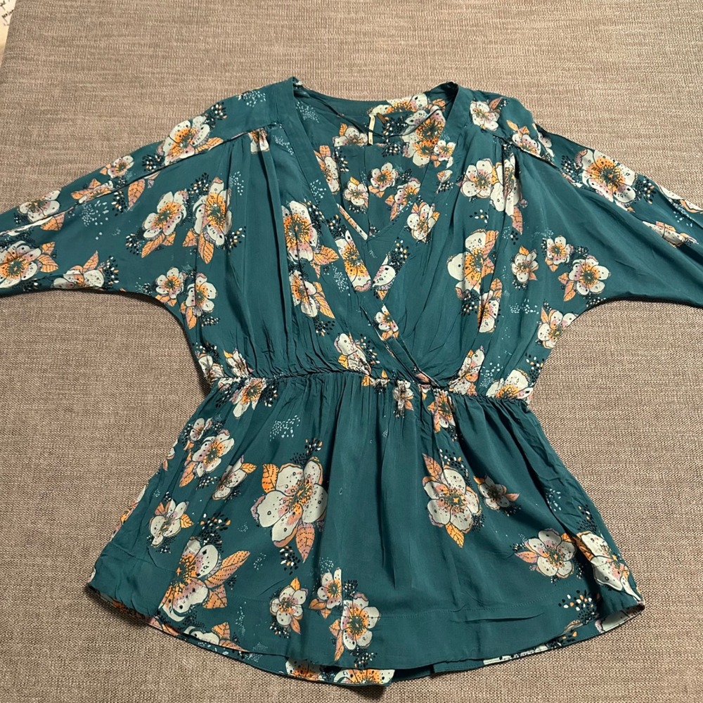 Free People Blouse Women Small Teal Green Floral Peplum Surplice Boho